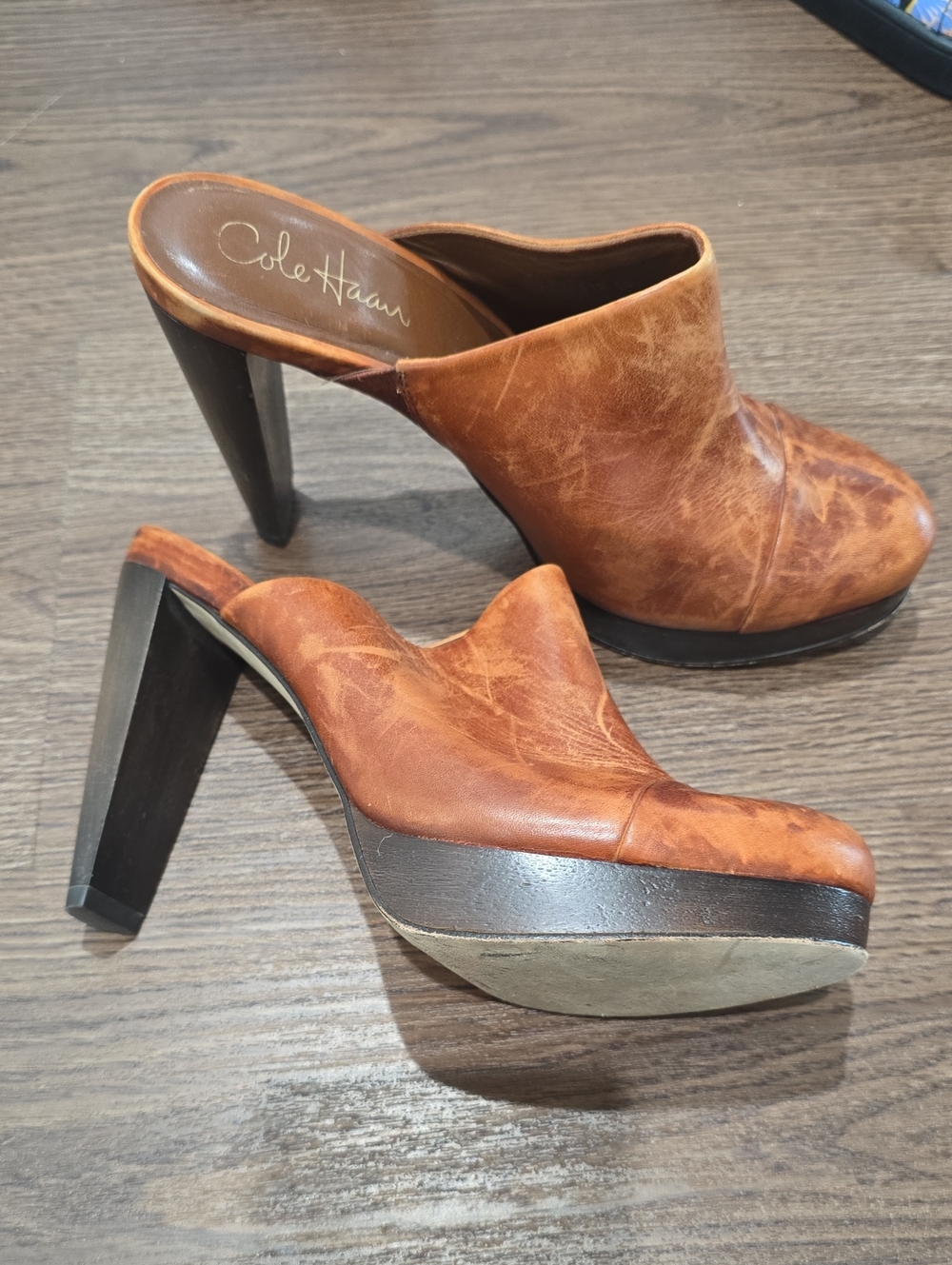Cole Haan Vintage Tan Leather Platform Mule Heels  8